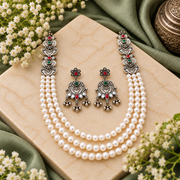 Oxidised Silver Pearl Layered Necklace Set with Pink & Green Stones and Matching Earrings for Women | Traditional Ethnic Jewellery