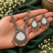 Oxidised Silver Mirror Work Necklace Set with Multicolour Floral Stones, Bead Drops & Matching Earrings for Women | Traditional Ethnic Jewellery