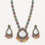 Oxidised Silver Mirror Work Necklace Set with Multicolour Floral Stones, Bead Drops & Matching Earrings for Women | Traditional Ethnic Jewellery
