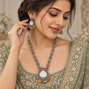 Oxidised Silver Mirror Work Necklace Set with Multicolour Floral Stones, Bead Drops & Matching Earrings for Women | Traditional Ethnic Jewellery