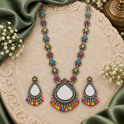 Oxidised Silver Mirror Work Necklace Set with Multicolour Floral Stones, Bead Drops & Matching Earrings for Women | Traditional Ethnic Jewellery