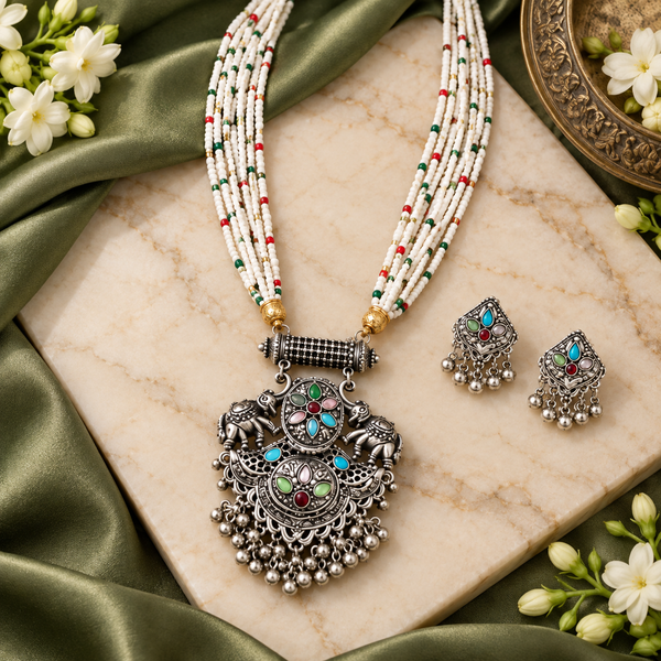 Oxidised Silver Elephant Pendant Necklace Set with White Beaded Multi-Strand Chain & Matching Earrings for Women | Traditional Ethnic Jewellery