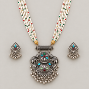 Oxidised Silver Elephant Pendant Necklace Set with White Beaded Multi-Strand Chain & Matching Earrings for Women | Traditional Ethnic Jewellery