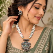 Oxidised Silver Elephant Pendant Necklace Set with White Beaded Multi-Strand Chain & Matching Earrings for Women | Traditional Ethnic Jewellery