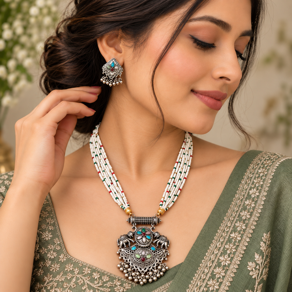 Oxidised Silver Elephant Pendant Necklace Set with White Beaded Multi-Strand Chain & Matching Earrings for Women | Traditional Ethnic Jewellery