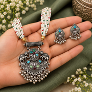 Oxidised Silver Elephant Pendant Necklace Set with White Beaded Multi-Strand Chain & Matching Earrings for Women | Traditional Ethnic Jewellery