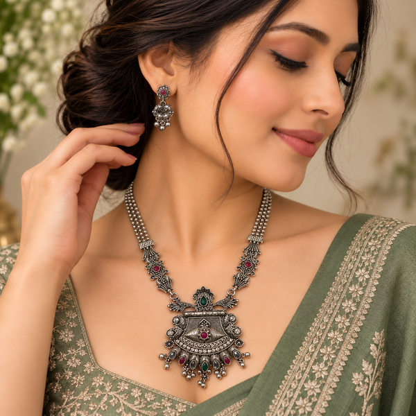 Oxidised Silver Traditional Pendant Necklace Set with Pink & Green Stones and Matching Earrings for Women | Ethnic Jewellery