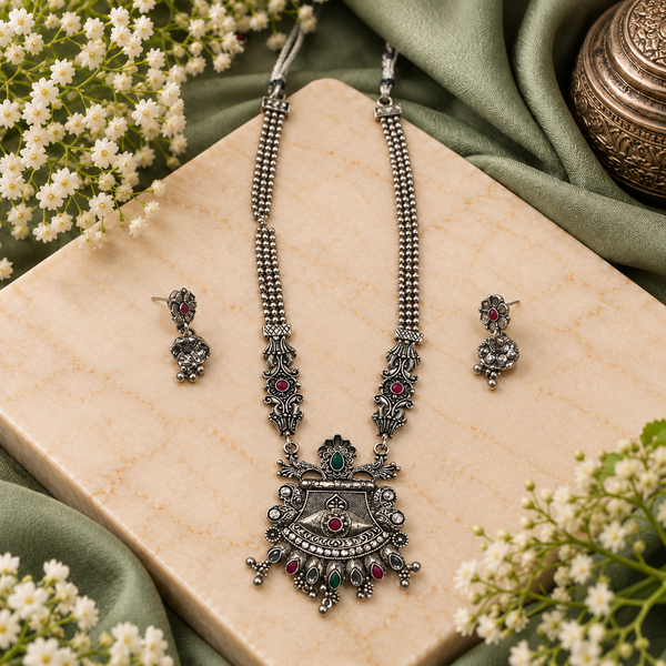 Oxidised Silver Traditional Pendant Necklace Set with Pink & Green Stones and Matching Earrings for Women | Ethnic Jewellery
