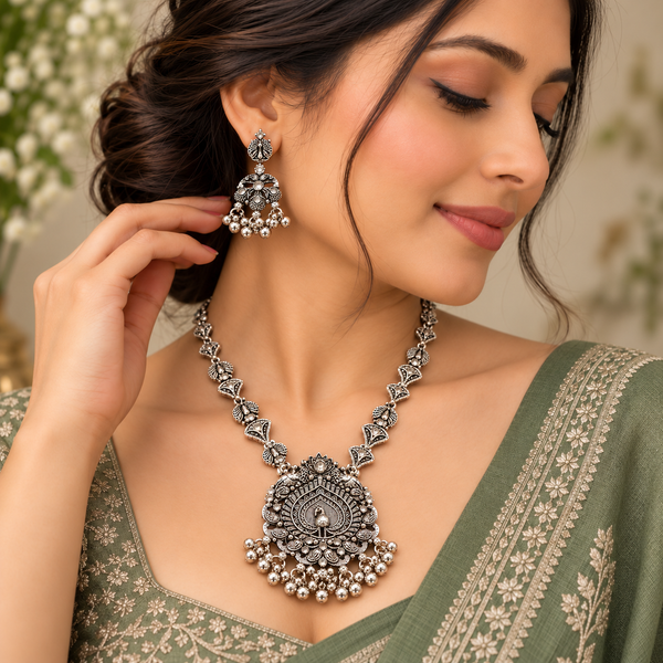 Oxidised Silver Peacock Pendant Necklace Set with Matching Jhumka Earrings for Women | Traditional Ethnic Jewellery