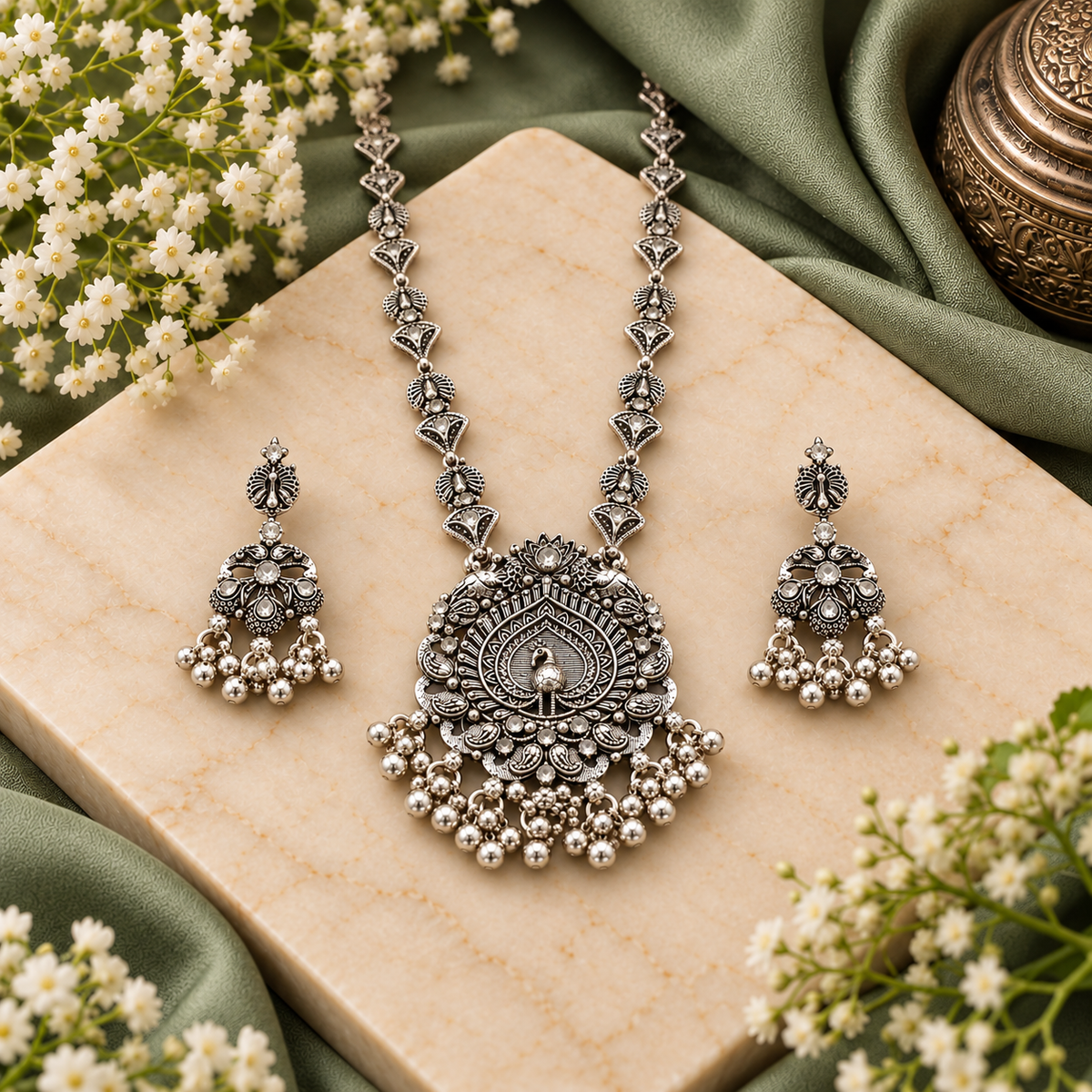 Oxidised Silver Peacock Pendant Necklace Set with Matching Jhumka Earrings for Women | Traditional Ethnic Jewellery