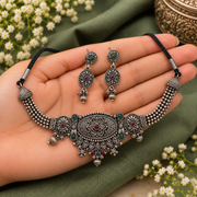 Oxidised Silver Floral Necklace Set with Pink & Green Stones and Matching Earrings for Women | Traditional Ethnic Jewellery