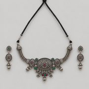 Oxidised Silver Floral Necklace Set with Pink & Green Stones and Matching Earrings for Women | Traditional Ethnic Jewellery