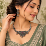 Oxidised Silver Floral Necklace Set with Pink & Green Stones and Matching Earrings for Women | Traditional Ethnic Jewellery