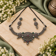 Oxidised Silver Floral Necklace Set with Pink & Green Stones and Matching Earrings for Women | Traditional Ethnic Jewellery