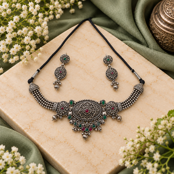 Oxidised Silver Floral Necklace Set with Pink & Green Stones and Matching Earrings for Women | Traditional Ethnic Jewellery