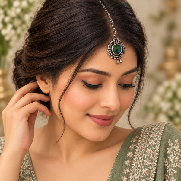 Oxidised Silver-Tone Peacock Feather Maang Tikka for Women | Traditional Floral Round Pendant with Silver Bead Drops | Ethnic Festive Jewellery