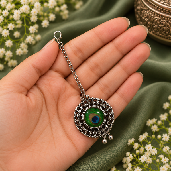 Oxidised Silver-Tone Peacock Feather Maang Tikka for Women | Traditional Floral Round Pendant with Silver Bead Drops | Ethnic Festive Jewellery
