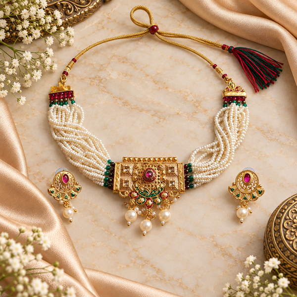 Traditional Gold-Tone Multi-Strand Pearl Choker Necklace Set with Red & Green Meenakari-Style Detailing, Kundan-Style Stones & Matching Earrings