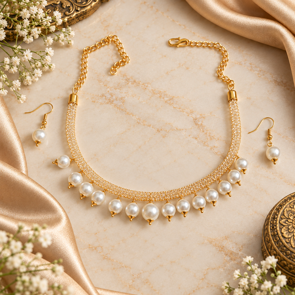 Elegant Gold-Tone Pearl Drop Necklace Set with Sparkling Clear Stone Detailing & Matching Pearl Earrings
