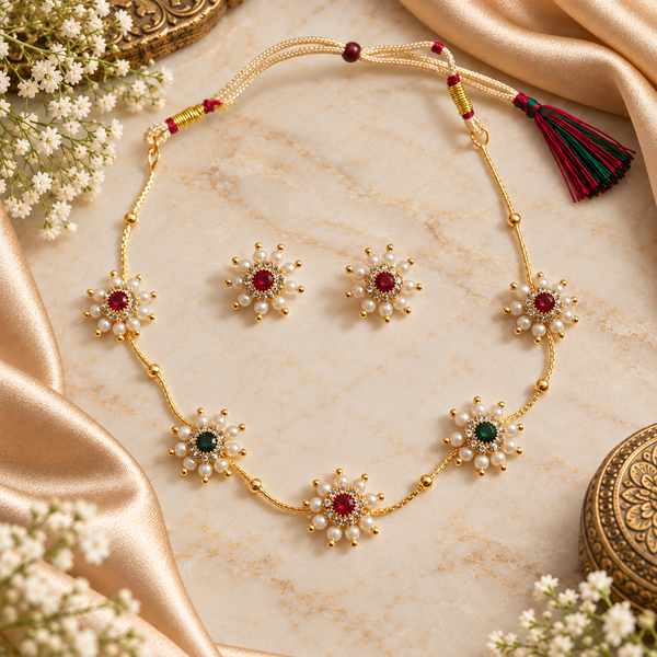 Traditional Gold-Tone Floral Necklace Set with Red & Green Stone Accents, Pearl-Style Beads & Matching Stud Earrings