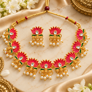 Traditional Gold-Tone Lotus Moti Necklace Set with Pink & Green Meenakari-Style Detailing, Kundan-Style Stones & Pearl Drops