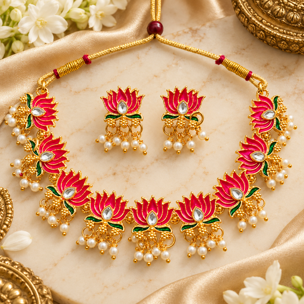 Traditional Gold-Tone Lotus Moti Necklace Set with Pink & Green Meenakari-Style Detailing, Kundan-Style Stones & Pearl Drops