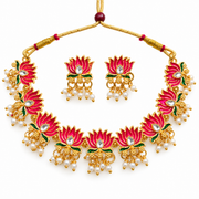 Traditional Gold-Tone Lotus Moti Necklace Set with Pink & Green Meenakari-Style Detailing, Kundan-Style Stones & Pearl Drops