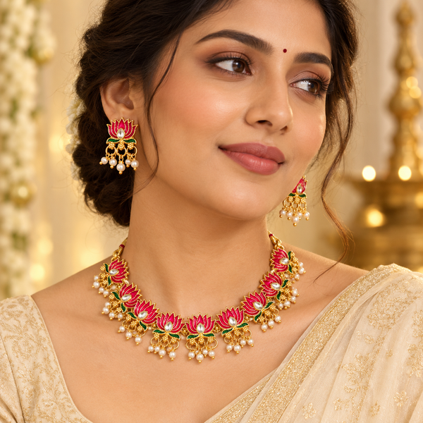 Traditional Gold-Tone Lotus Moti Necklace Set with Pink & Green Meenakari-Style Detailing, Kundan-Style Stones & Pearl Drops