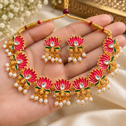 Traditional Gold-Tone Lotus Moti Necklace Set with Pink & Green Meenakari-Style Detailing, Kundan-Style Stones & Pearl Drops
