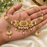 Traditional Gold-Tone Choker Necklace Set with Red & Green Stones & Pearl Drops