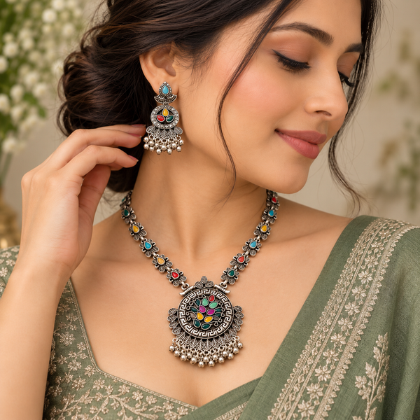 Navrang Floral Mandala Oxidised Necklace Set