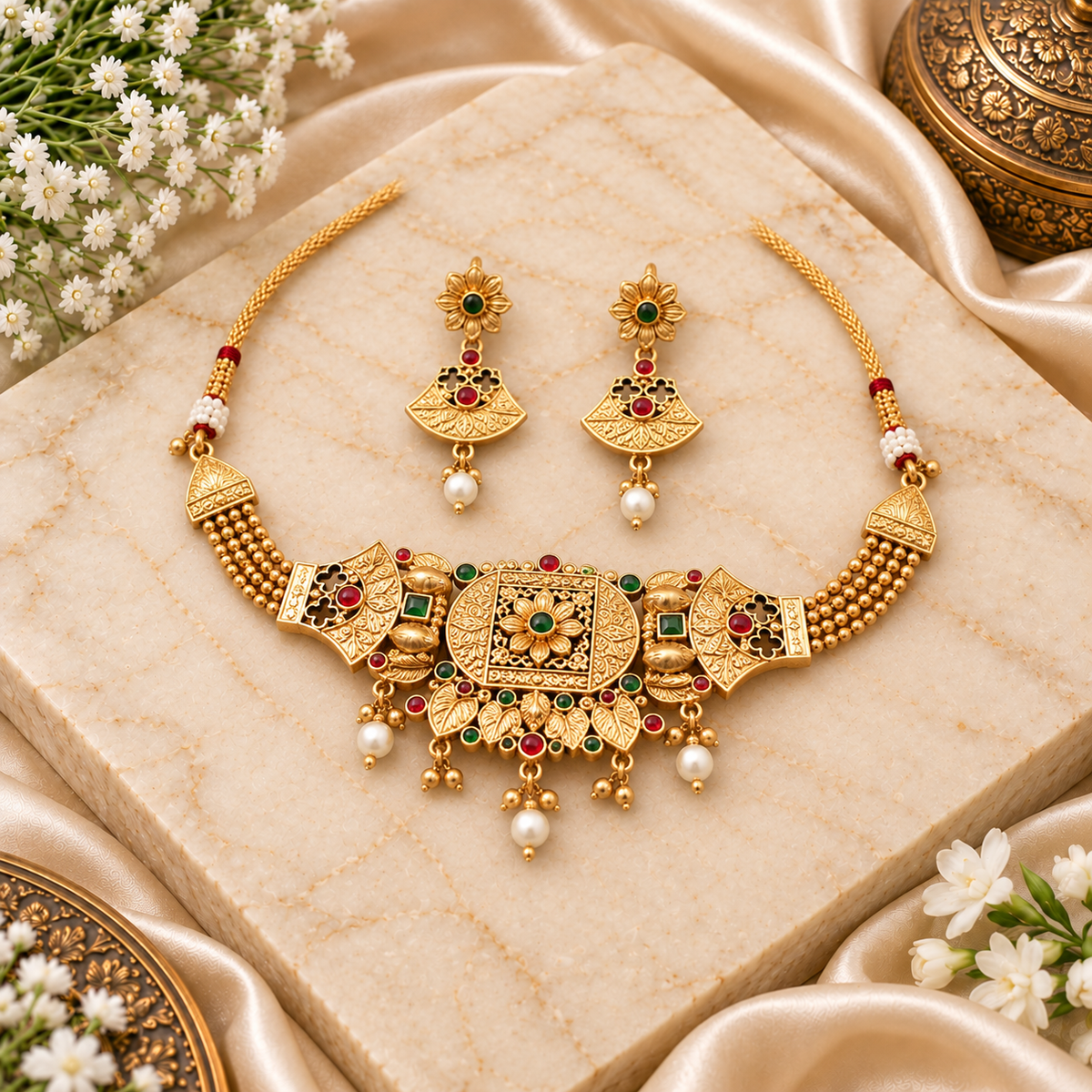 Traditional Gold-Tone Choker Necklace Set with Red & Green Stones & Pearl Drops