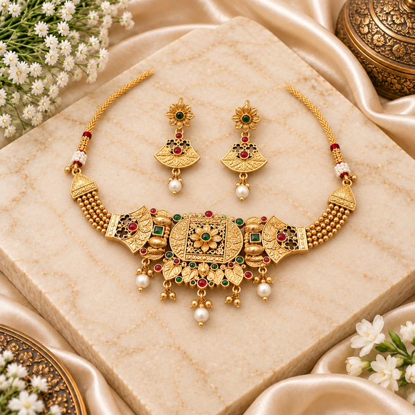 Traditional Gold-Tone Choker Necklace Set with Red & Green Stones & Pearl Drops