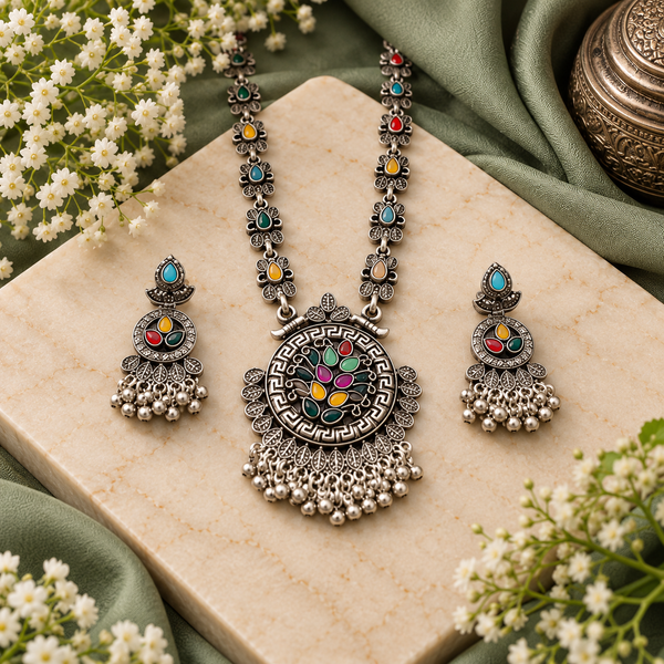 Navrang Floral Mandala Oxidised Necklace Set