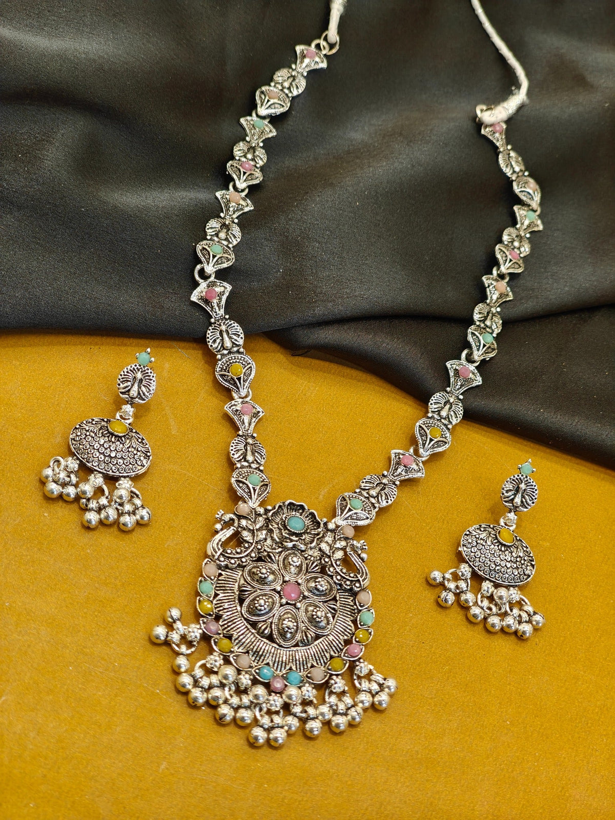 Multicolour floral oxidised long necklace set with matching earrings