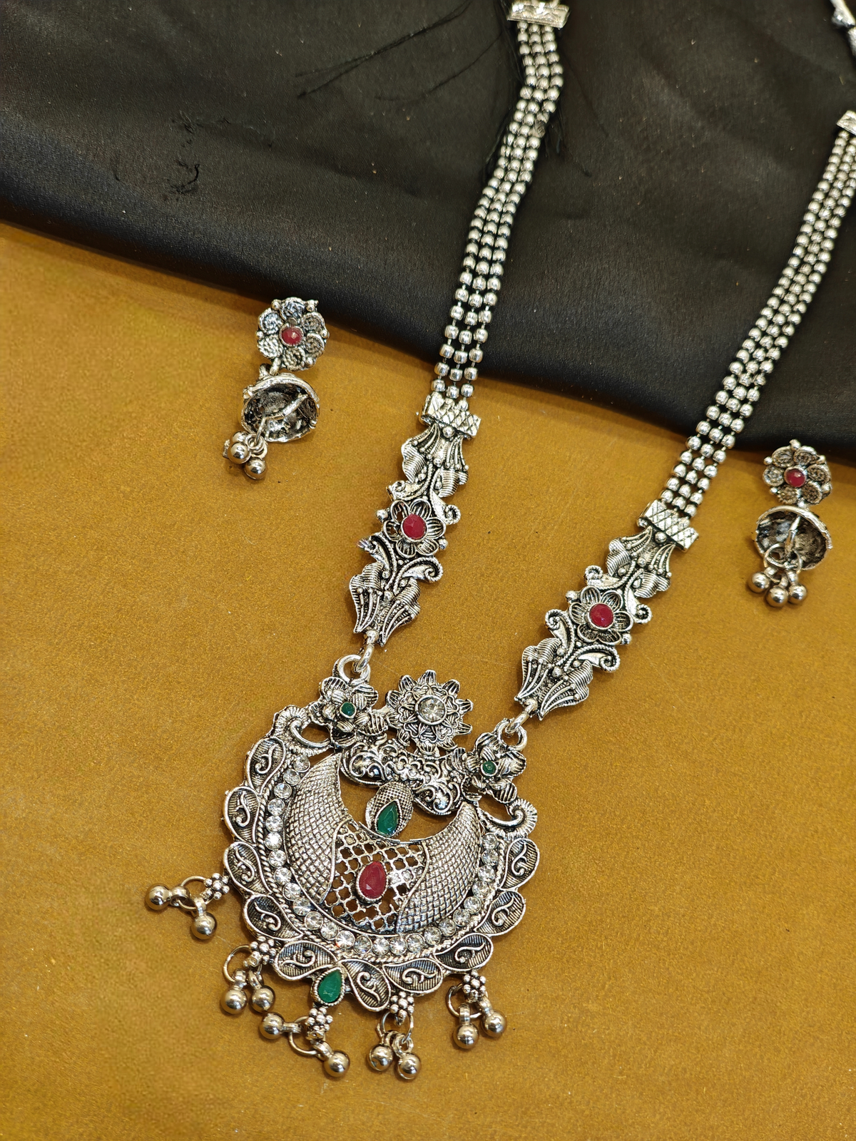 Peacock crescent oxidised long necklace set with matching earrings