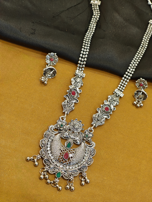 Peacock crescent oxidised long necklace set with matching earrings