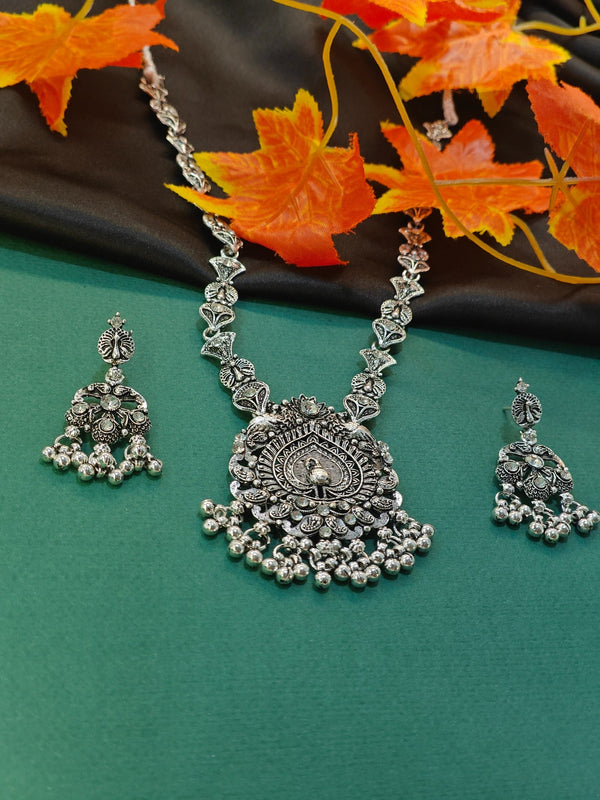 Peacock ghungroo oxidised necklace set with matching statement earrings
