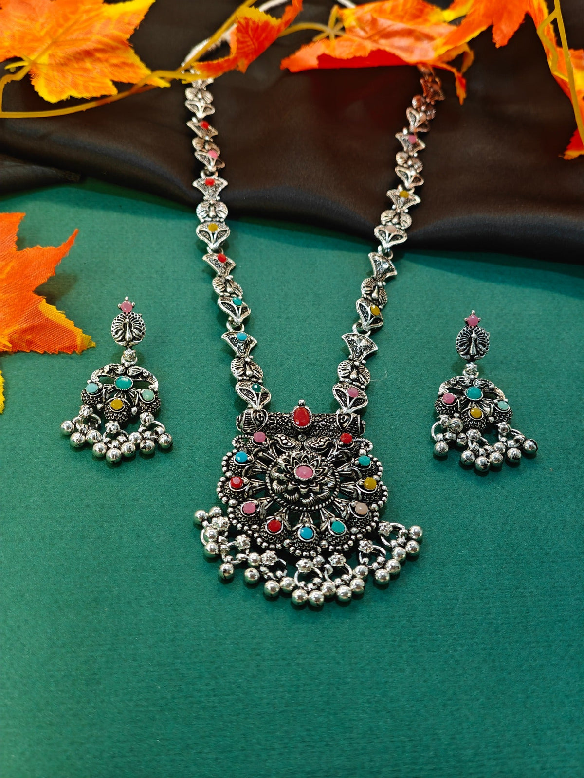 Multicolour floral mandala oxidised necklace set with matching earrings