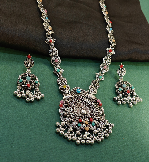 Multicolour peacock medallion oxidised necklace set with earrings