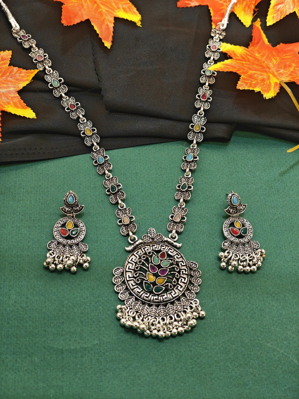 Multicolour Tree-of-Life oxidised long necklace set with earrings