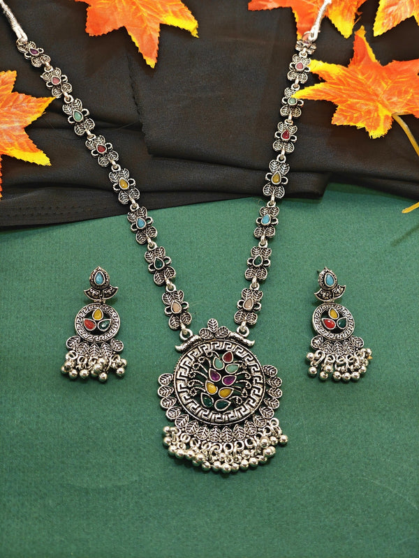 Multicolour Tree-of-Life oxidised long necklace set with earrings