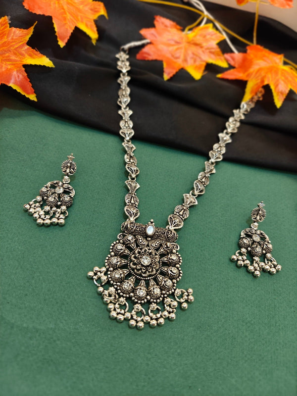 Classic floral ghungroo oxidised necklace set with matching earrings